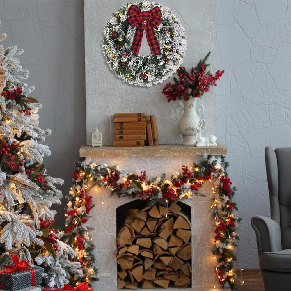 Christmas Wreaths for Front Door, DECSPAS 24 Inch 2 FT Prelit Snowy Flocked Christmas Wreath with Timer 30 LED Lights Bow Red Berries Pine Cone, Xmas Wall Windows Decorations Home Decor Outdoor Indoor